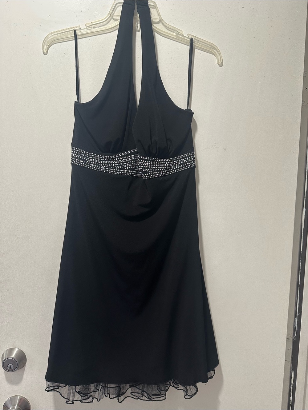 Ruby Rox Black One-Shoulder Halter Dress with Rhinestone Band